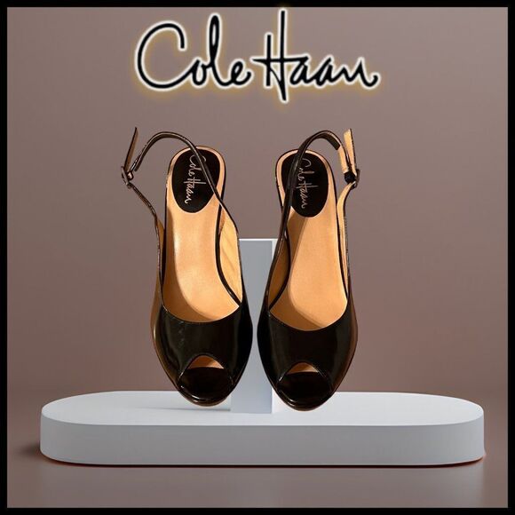 Cole Haan Air Women's Black Patent Leather Peep-Toe Slingback Heels Size 9 AA - Picture 1 of 8